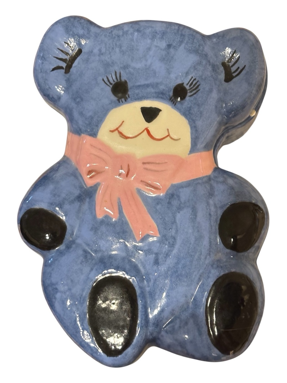 Blue hand painted vintage Ceramic Teddy Bear Twinket box with Pink Bow